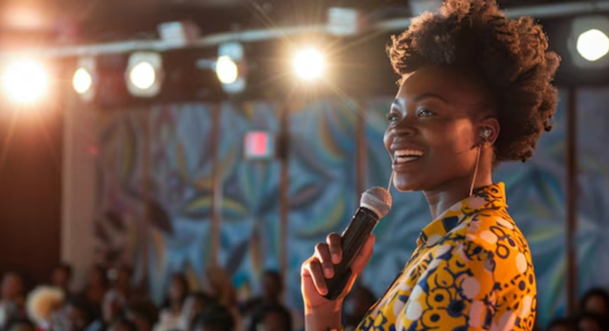 Speaker holding a microphone at an event